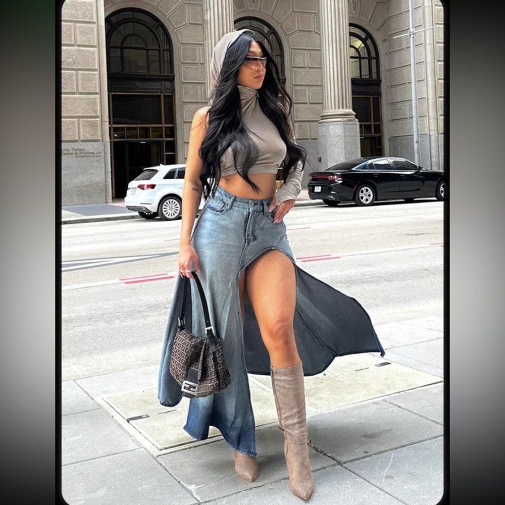 Street Blue Slit Denim Bottom Skirt